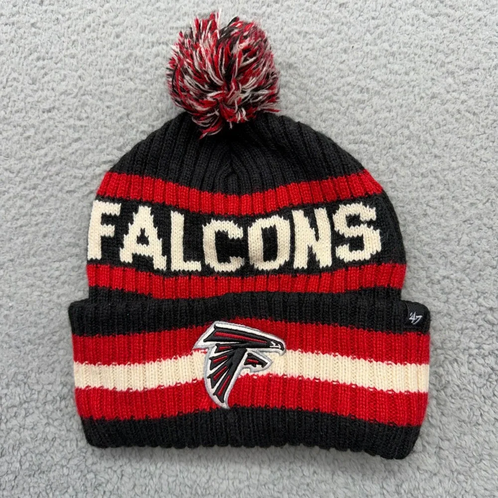 '47 Brand NFL Atlanta Falcons Football Black Red White OSFA Knit Beanie Pom Hat